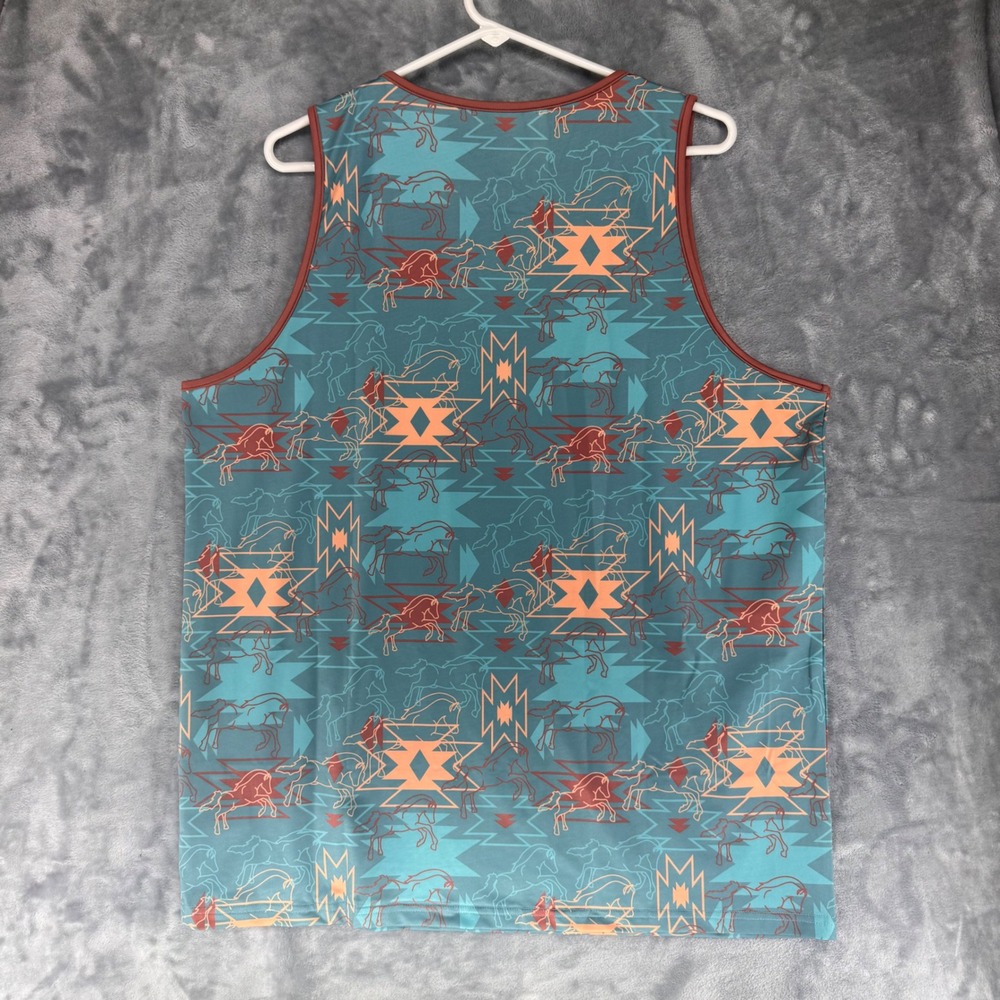Raised by Coyotes Mens L Tank Top Southwestern Horse Print Blue Red Orange - Picture 8 of 8